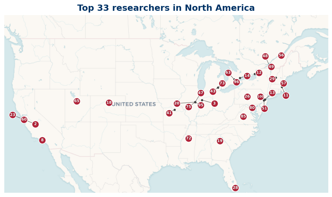 Map of North America Top 100 researchers