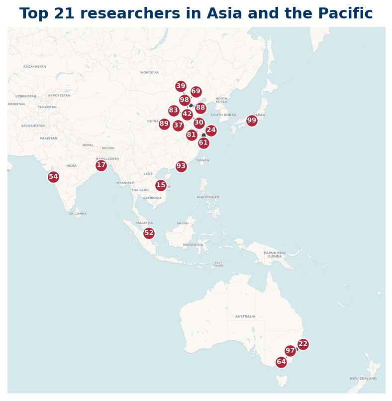 Map of Asia and the Pacific Top 100 researchers