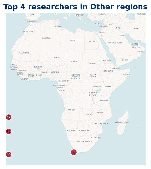 Map of Other regions Top 100 researchers